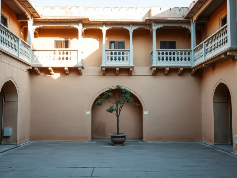 Empty inner courtyard of a heritage sandstone palace hotel in Jodhpur with scalloped arches and pale blue balconies in late afternoon light