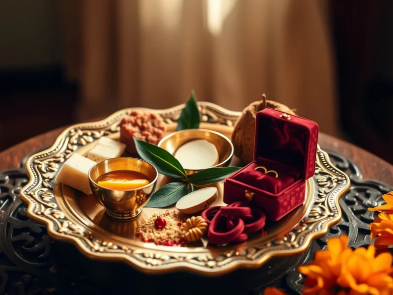 A brass thali of Indian sweets, coconut, betel leaves and an open ring box