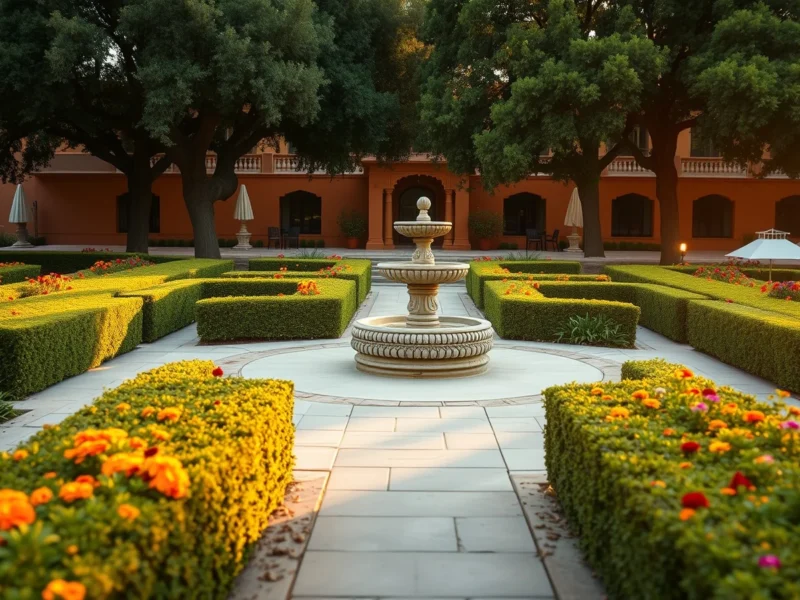 Formal garden of a Rajasthan resort at golden hour, with a carved stone fountain, clipped hedges and beds of marigold