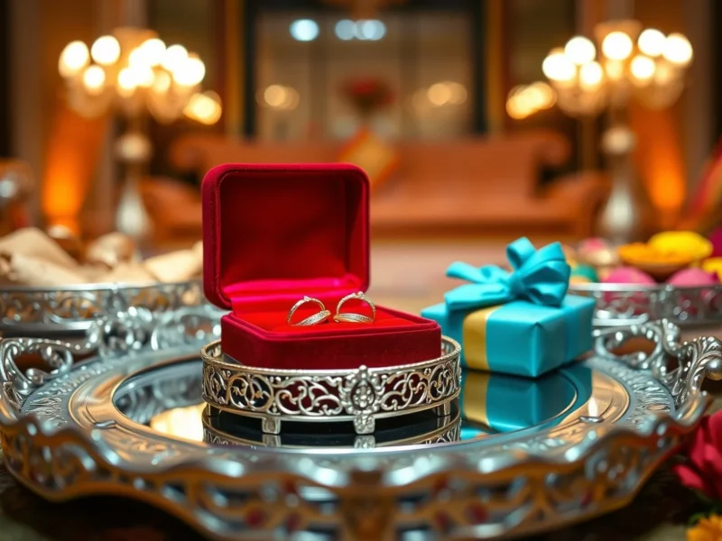 Two gold engagement rings in an open red velvet box on an ornate silver tray