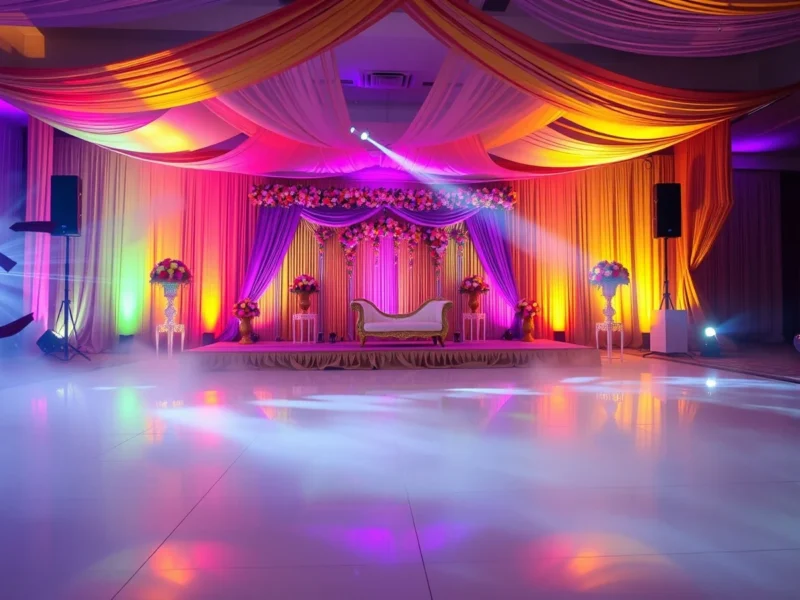 An empty decorated sangeet stage with coloured uplighting and a polished dance floor