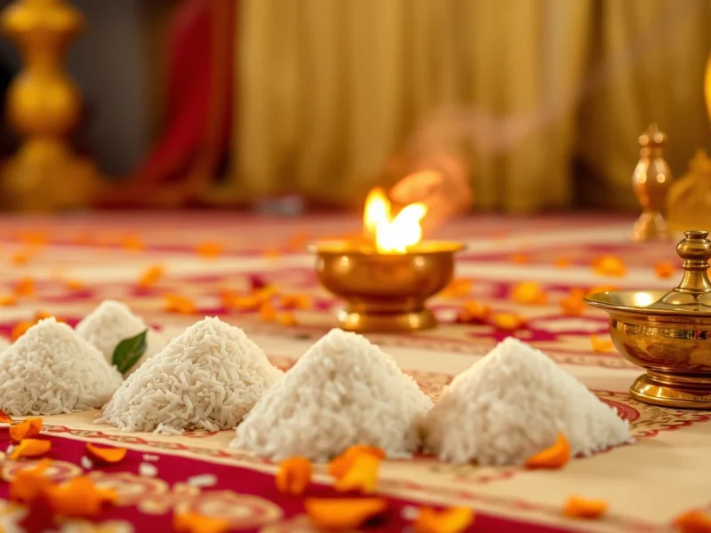 Seven small mounds of rice on a decorated mandap floor beside a lit brass lamp