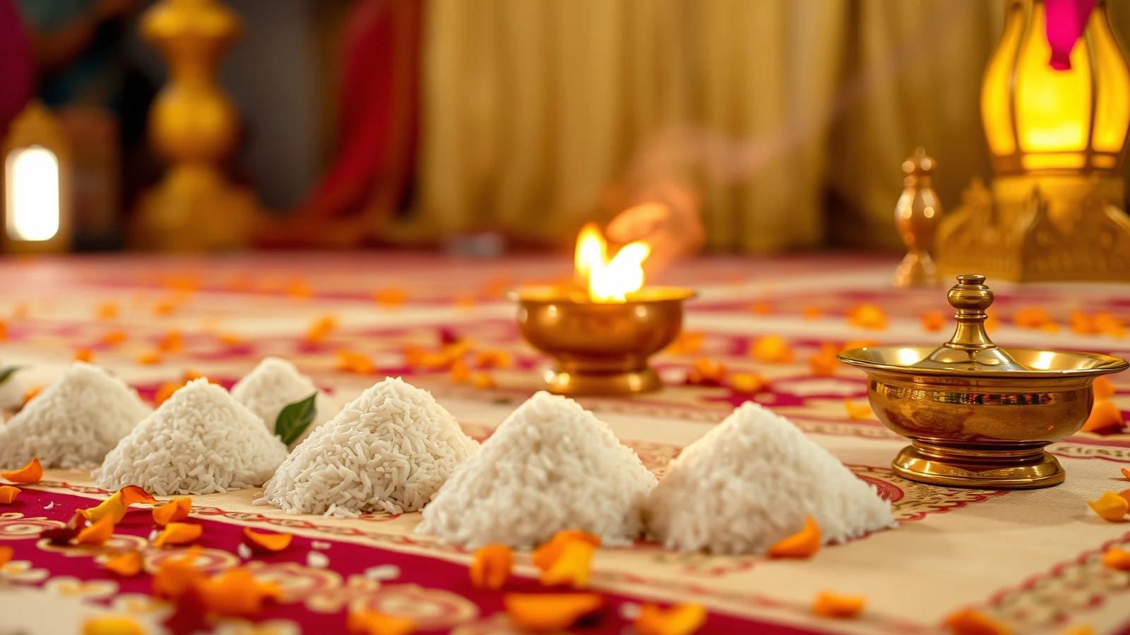 Seven small mounds of rice on a decorated mandap floor beside a lit brass lamp