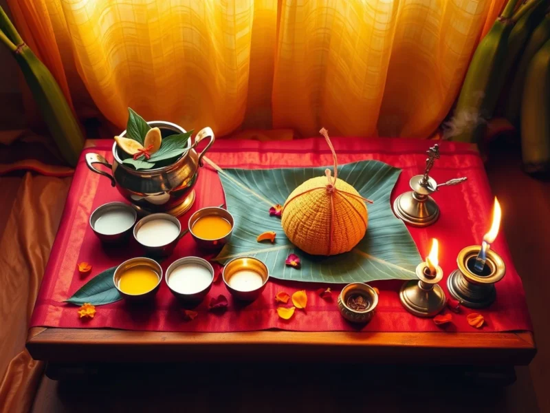 A Satyanarayan puja setup with a brass kalash, panchamrit bowls and prasad on a banana leaf