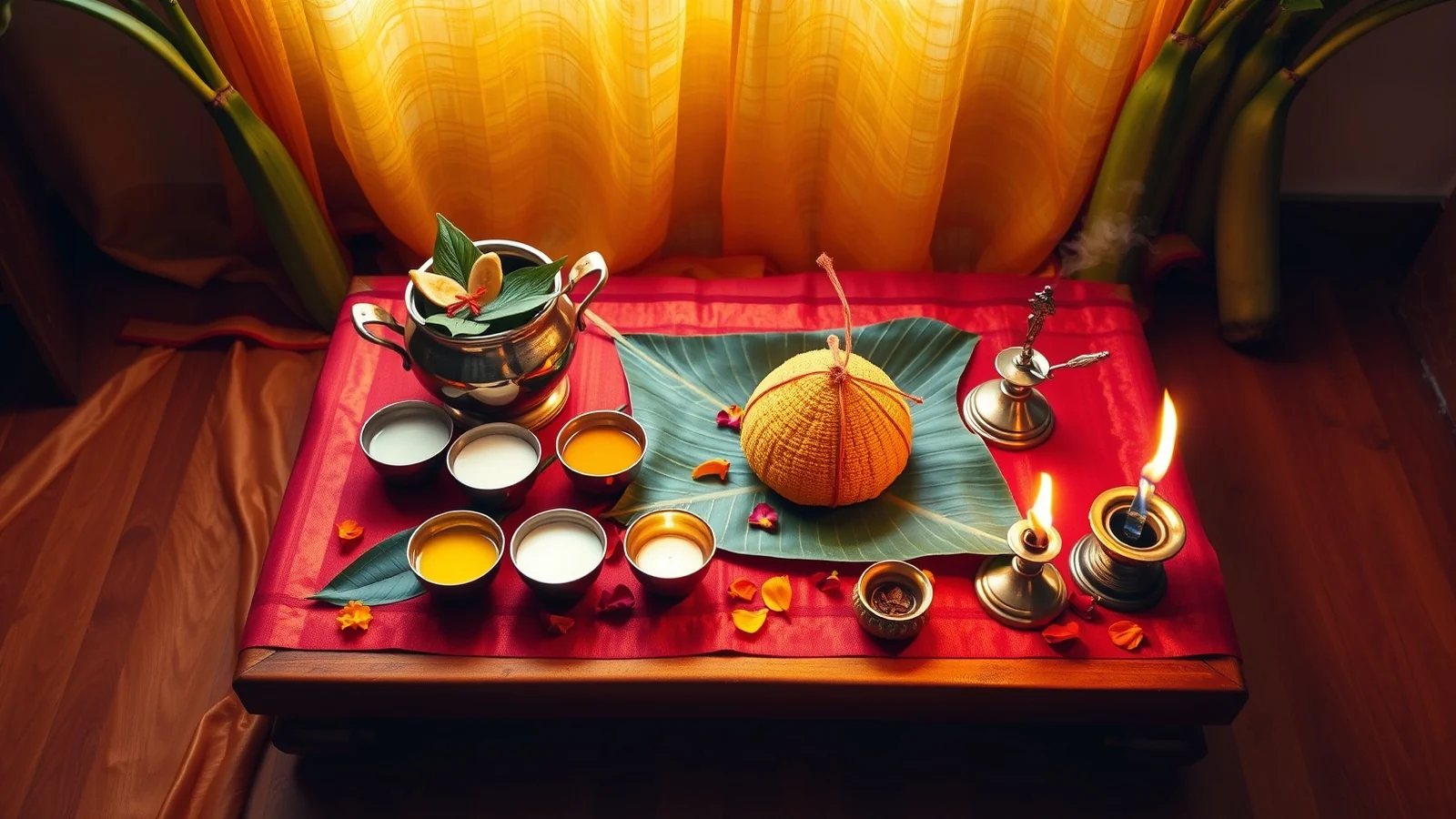 A Satyanarayan puja setup with a brass kalash, panchamrit bowls and prasad on a banana leaf