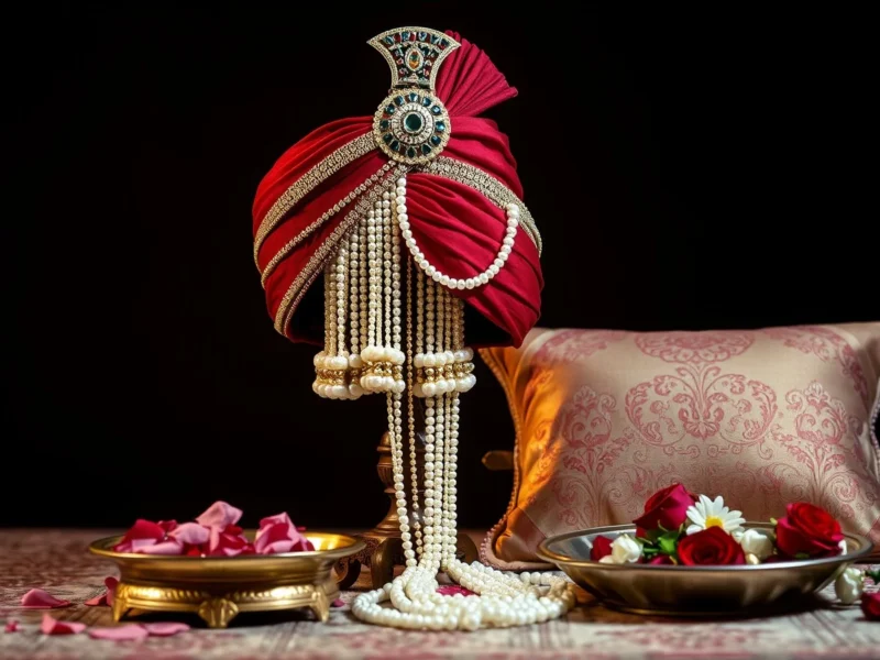 An ornate red and gold Indian groom's turban with a jewelled kalgi and flower sehra