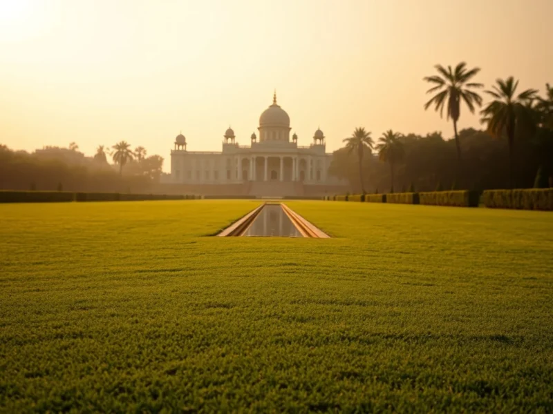 Vast empty lawn of a palace style resort near Jaipur at golden hour, with a formal water channel and the domed building soft in golden haze