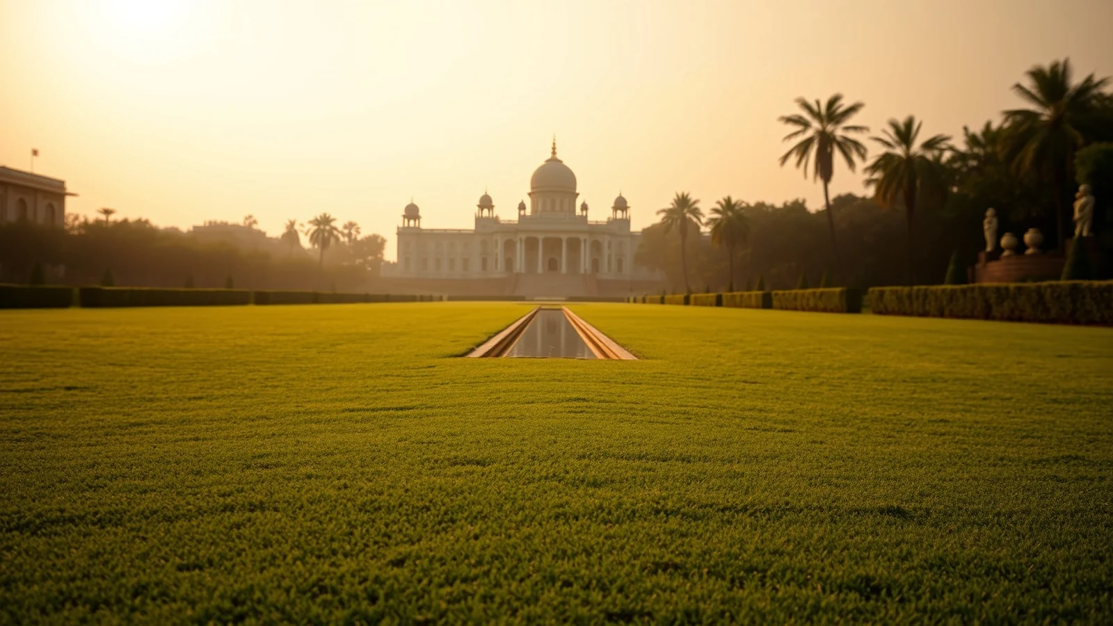 Vast empty lawn of a palace style resort near Jaipur at golden hour, with a formal water channel and the domed building soft in golden haze