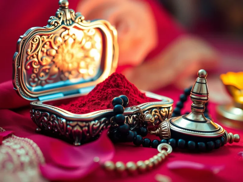 An open silver sindoor box of vermilion powder beside a gold mangalsutra on red silk