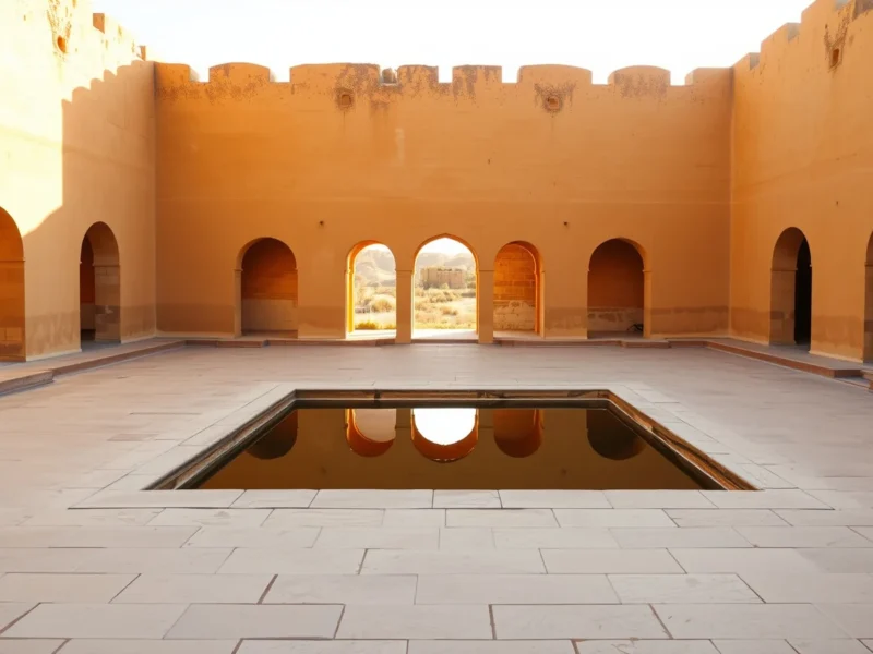 Empty courtyard of a restored Rajput sandstone fort in Rajasthan at golden hour, with a still reflecting pool and arched openings