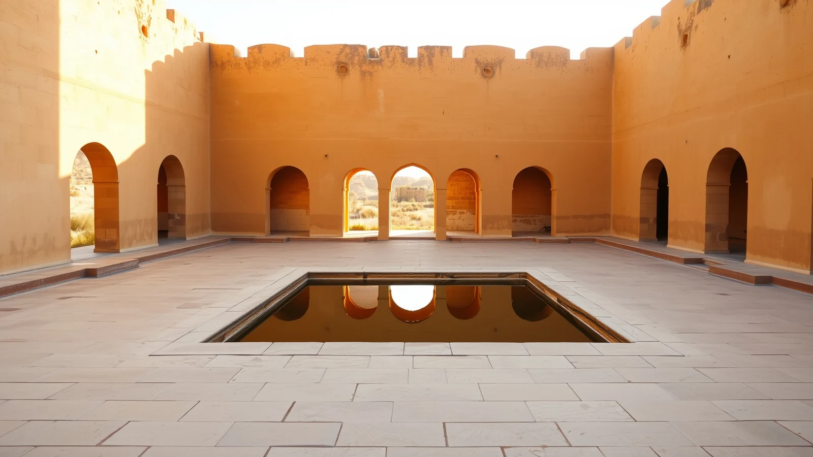 Empty courtyard of a restored Rajput sandstone fort in Rajasthan at golden hour, with a still reflecting pool and arched openings
