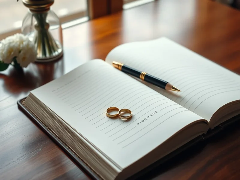 An open marriage register book with a fountain pen, two gold rings and a brass seal