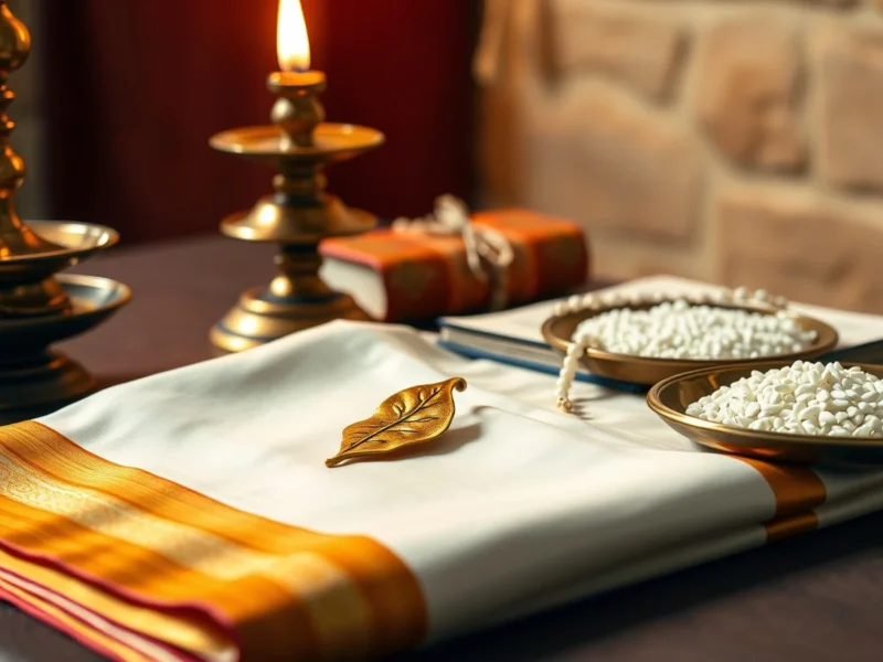A gold leaf-shaped minnu pendant on a cream kasavu sari beside lit Kerala brass lamps