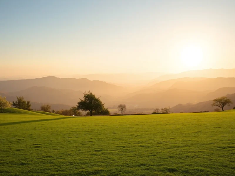 Rolling Aravalli foothills at golden hour seen across a green lawn, with layered ridgelines receding into warm haze