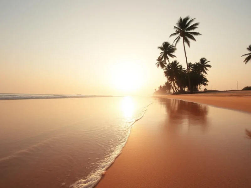 Empty South Goa beach at golden hour, photographed from the waterline with coconut palms silhouetted along the far shoreline