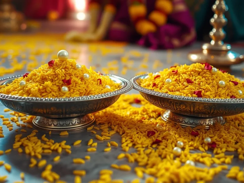 Two silver plates heaped with turmeric-yellow rice and pearls on a wedding mandap floor