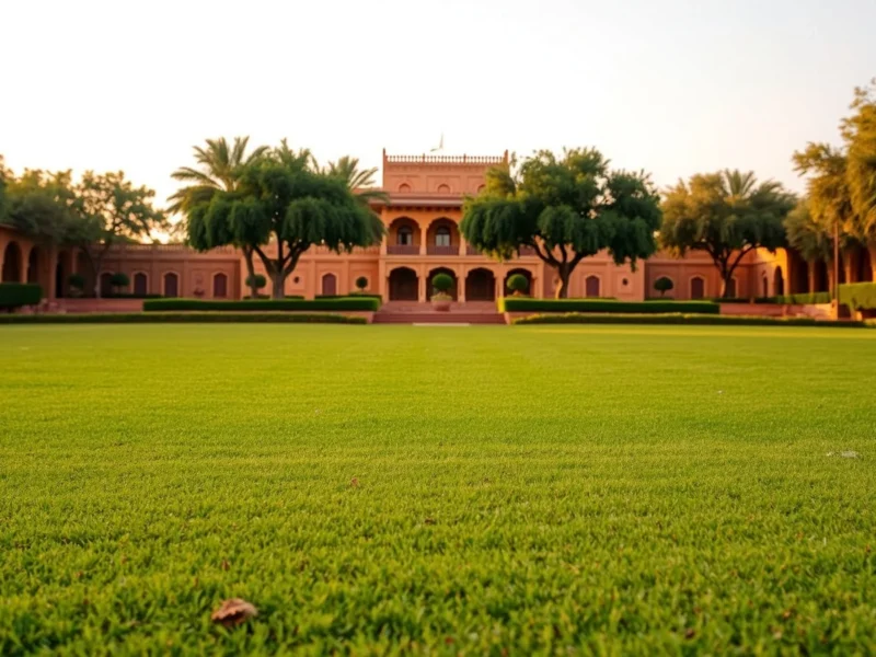Broad empty lawn of a sandstone resort near Jodhpur at golden hour, with the pink stone facade framed by neem trees
