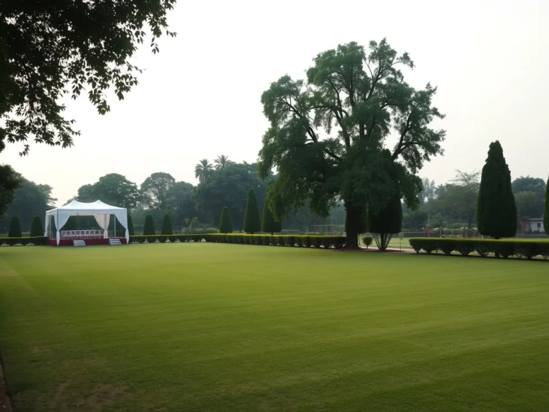 Vast empty manicured lawn wedding venue near Delhi in soft evening light, with a white marquee set back among mature trees