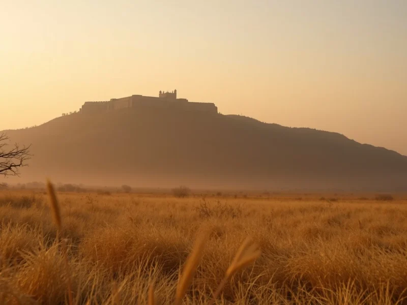 Distant hilltop fort in Rajasthan at golden hour seen across open golden scrubland in warm haze