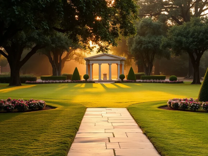 Landscaped garden estate in South Delhi at golden hour, with a colonnaded pavilion at the end of a stone pathway
