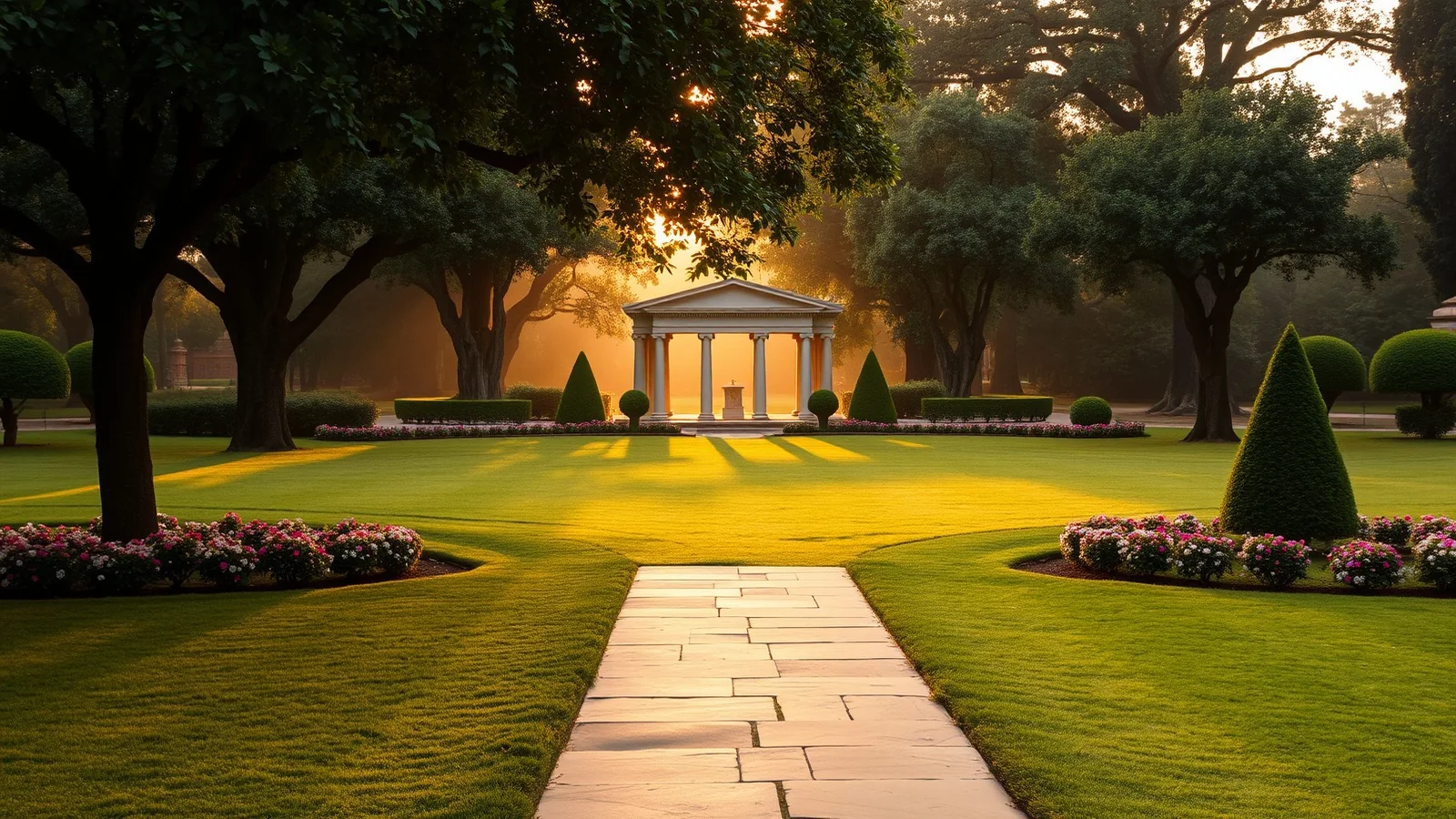 Landscaped garden estate in South Delhi at golden hour, with a colonnaded pavilion at the end of a stone pathway