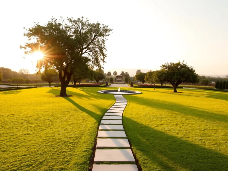 Expansive empty lawn of a garden hotel in Udaipur at golden hour, with a stone pathway leading to an ornamental fountain