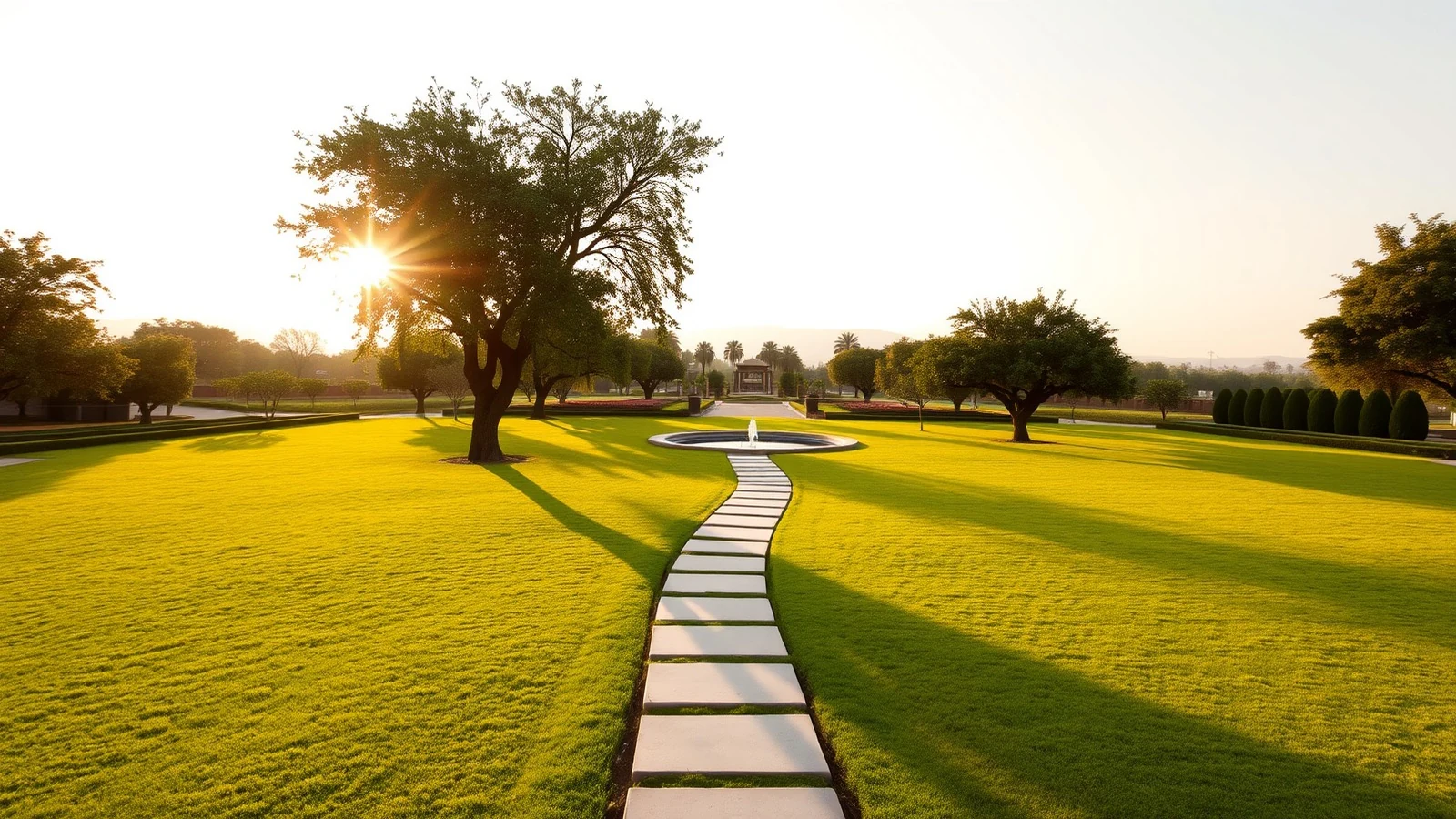 Expansive empty lawn of a garden hotel in Udaipur at golden hour, with a stone pathway leading to an ornamental fountain