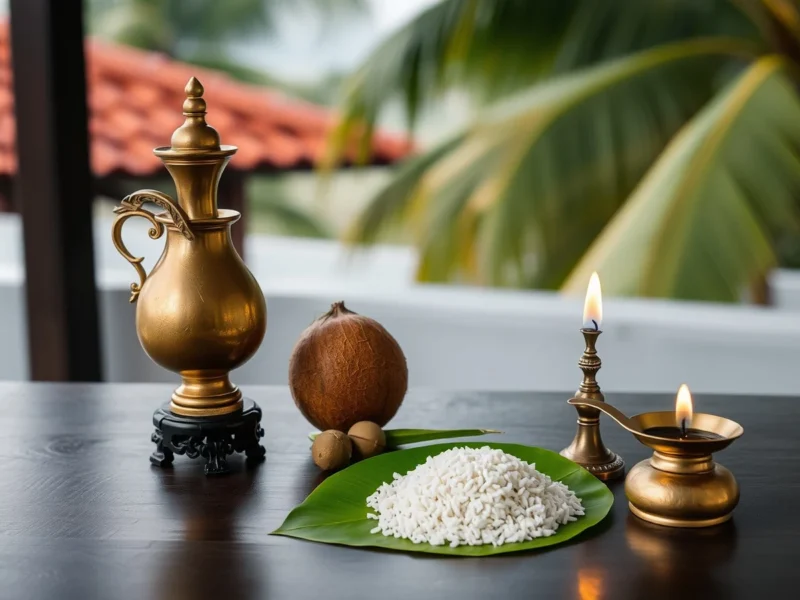 A brass dhare vessel on a wooden stand with a coconut, betel nuts and rice on a banana leaf
