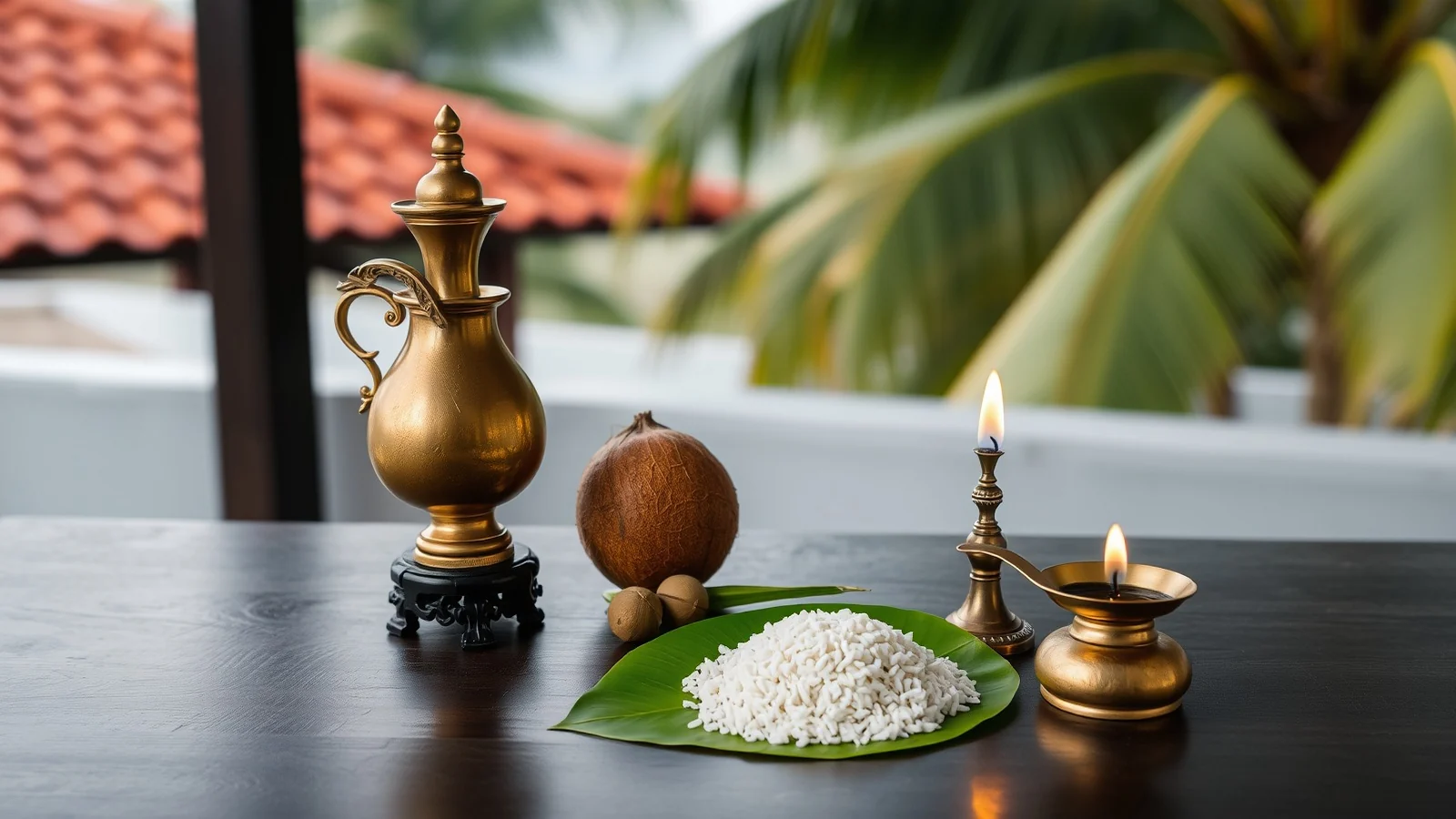A brass dhare vessel on a wooden stand with a coconut, betel nuts and rice on a banana leaf
