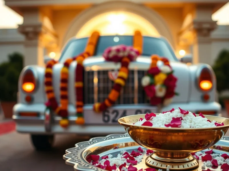A flower-decorated wedding car at a venue portico with a brass bowl of rice and petals