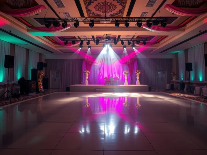 An empty wedding dance floor with stage lighting rigs and coloured light beams