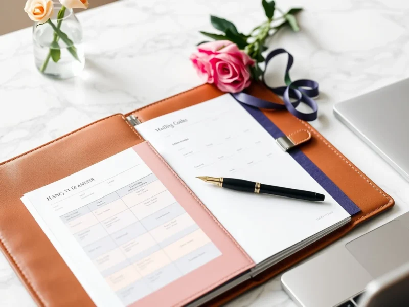 A wedding planner's desk with an open binder, swatches, schedule and fountain pen