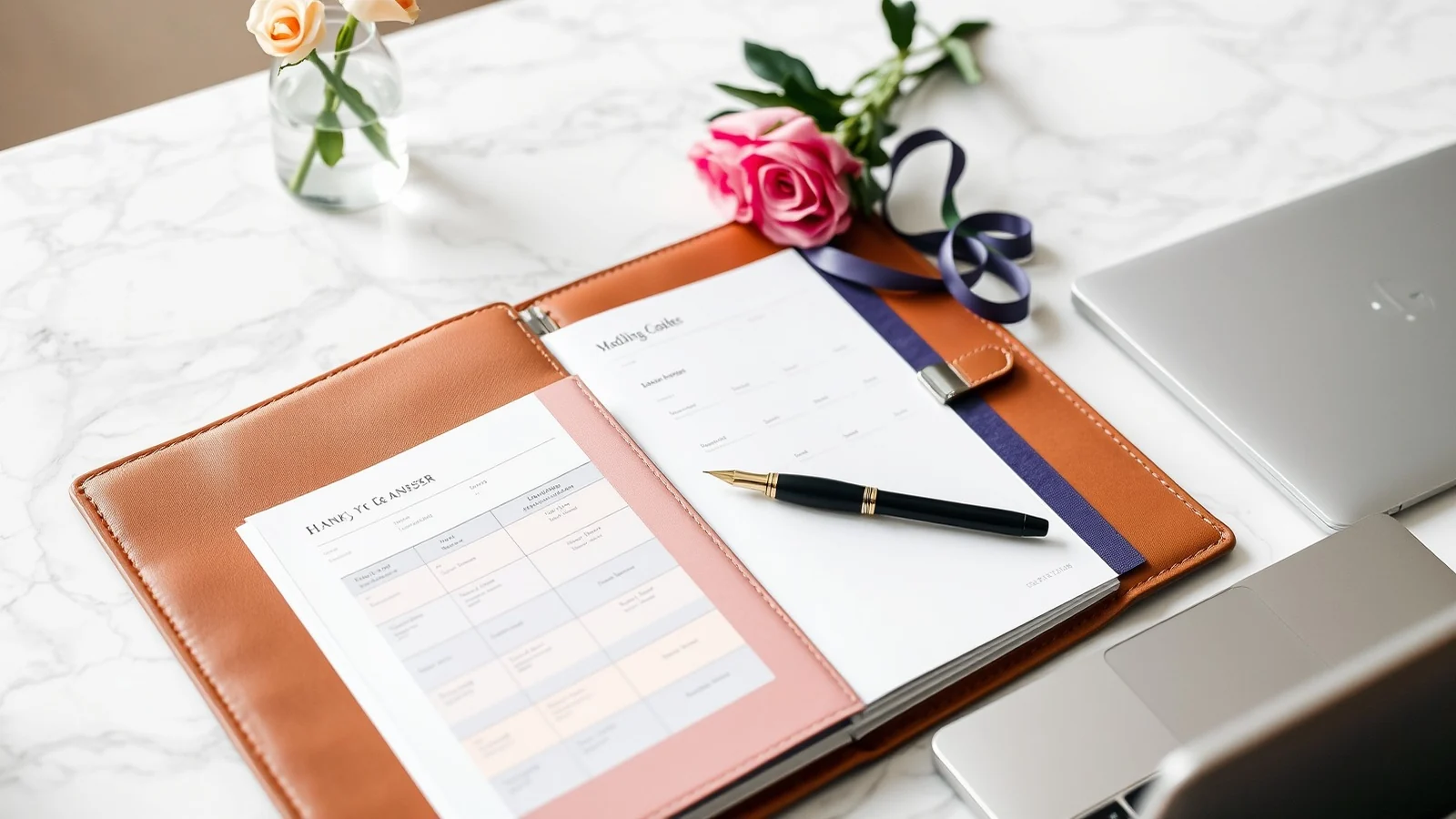A wedding planner's desk with an open binder, swatches, schedule and fountain pen