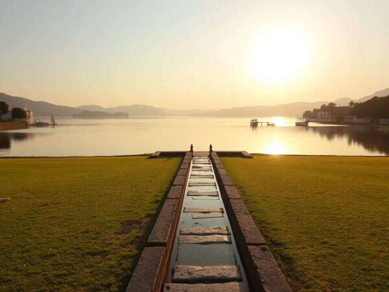 Calm lake at golden hour in Udaipur seen across a wide manicured lawn with a formal stone water channel leading to the water