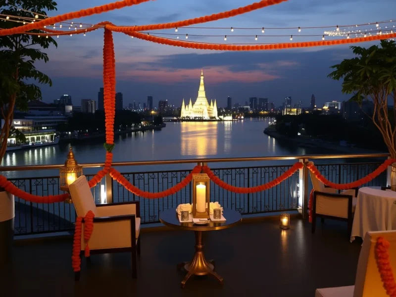 Riverside hotel terrace in Bangkok decorated with marigold garlands and lamps, a lit temple across the river