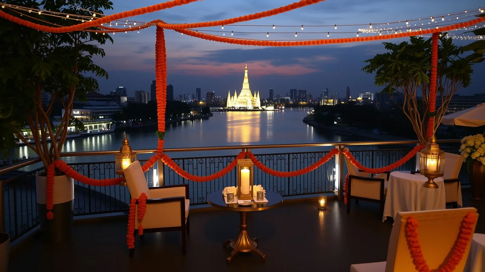 Riverside hotel terrace in Bangkok decorated with marigold garlands and lamps, a lit temple across the river