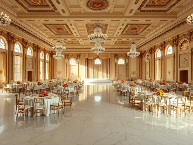 Empty luxury Indian palace ballroom laid out for a wedding dinner with round tables, gold chiavari chairs and marigold centrepieces under crystal chandeliers