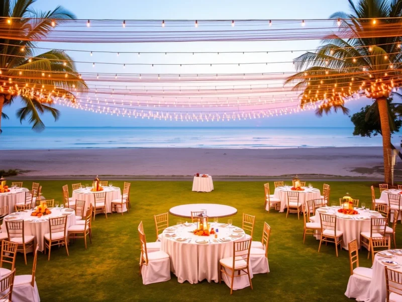 Resort lawn in Hua Hin set with round tables and marigold centrepieces beside a wide beach at dusk