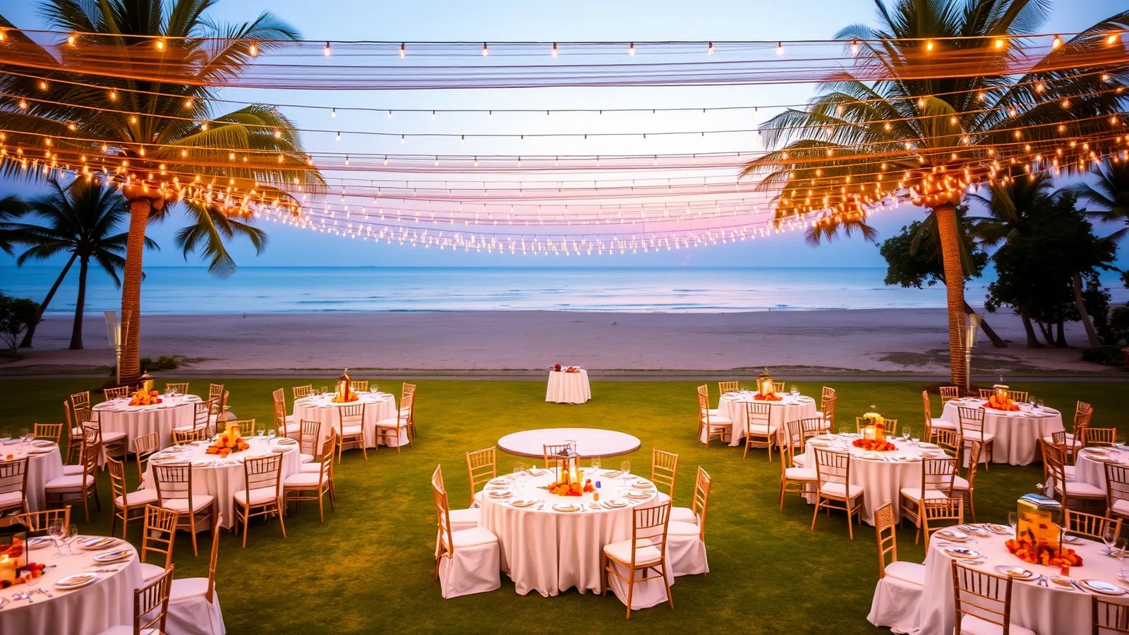 Resort lawn in Hua Hin set with round tables and marigold centrepieces beside a wide beach at dusk