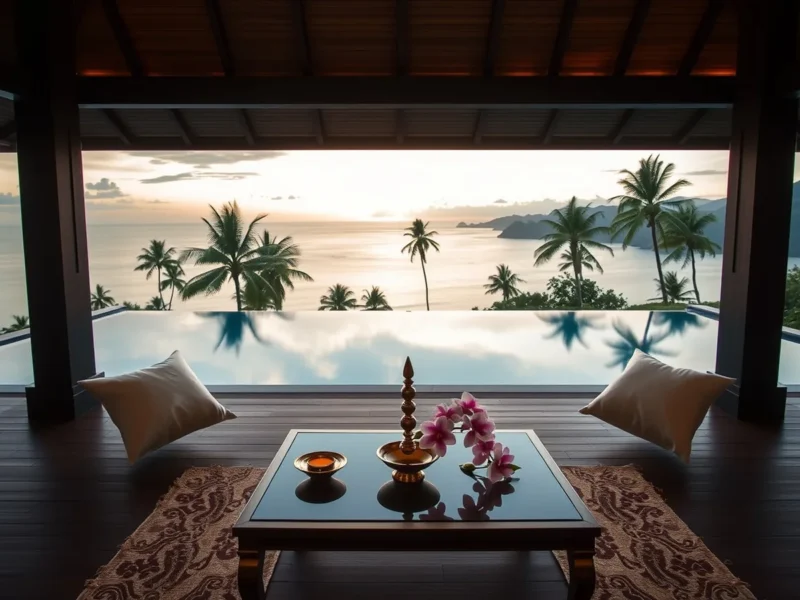 Wedding setup on a hillside villa deck in Koh Samui with brass diyas, orchids and a bay view at sunset