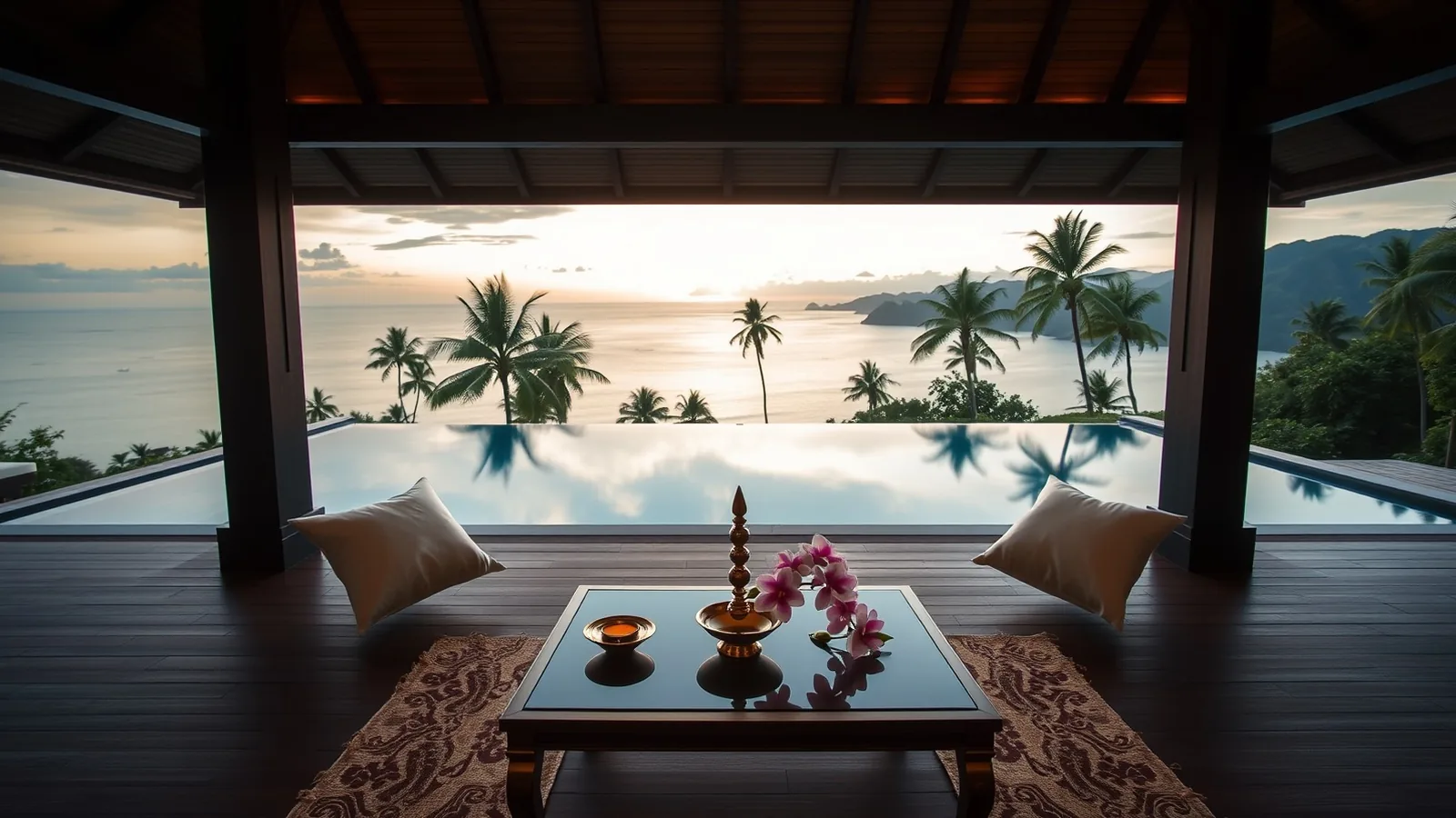 Wedding setup on a hillside villa deck in Koh Samui with brass diyas, orchids and a bay view at sunset