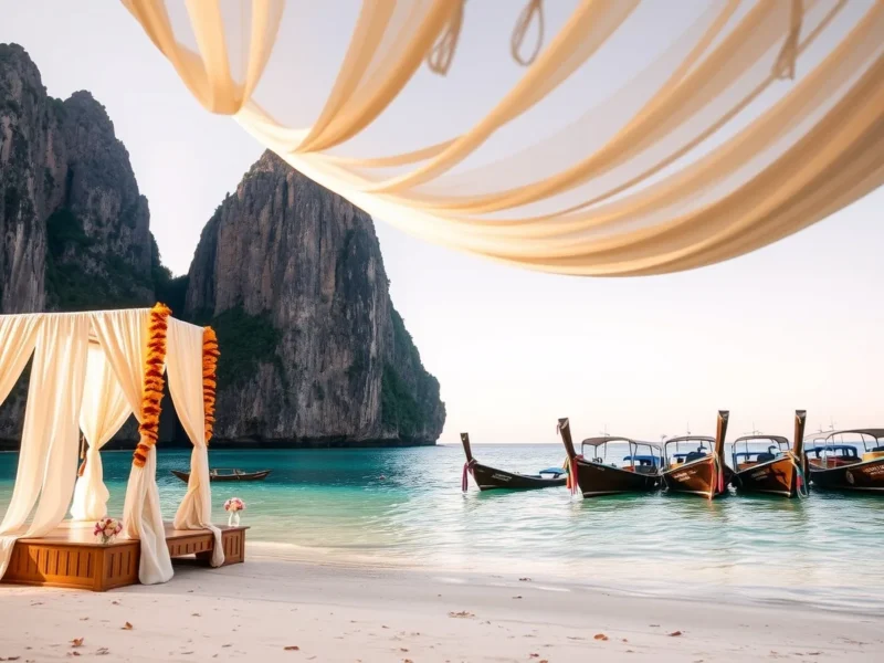 Beach wedding mandap in Krabi with limestone cliffs and longtail boats on calm water