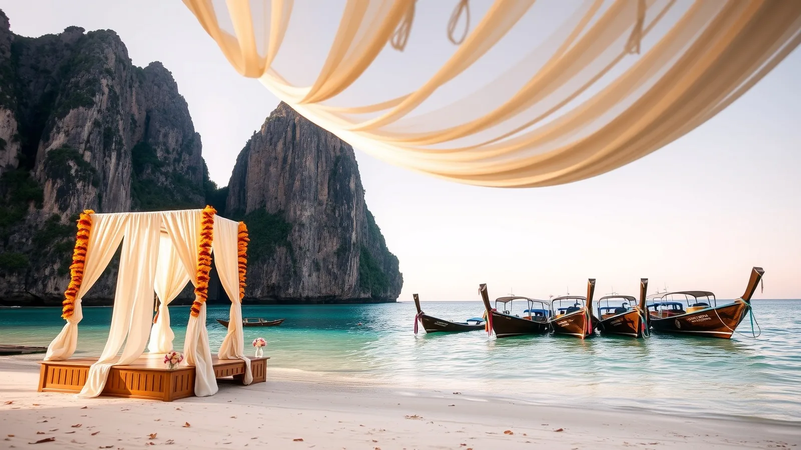 Beach wedding mandap in Krabi with limestone cliffs and longtail boats on calm water