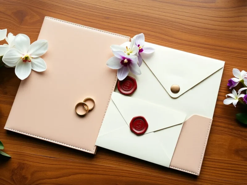 Leather document folders, gold wedding rings and a wax-sealed envelope with Thai orchids on a teak table