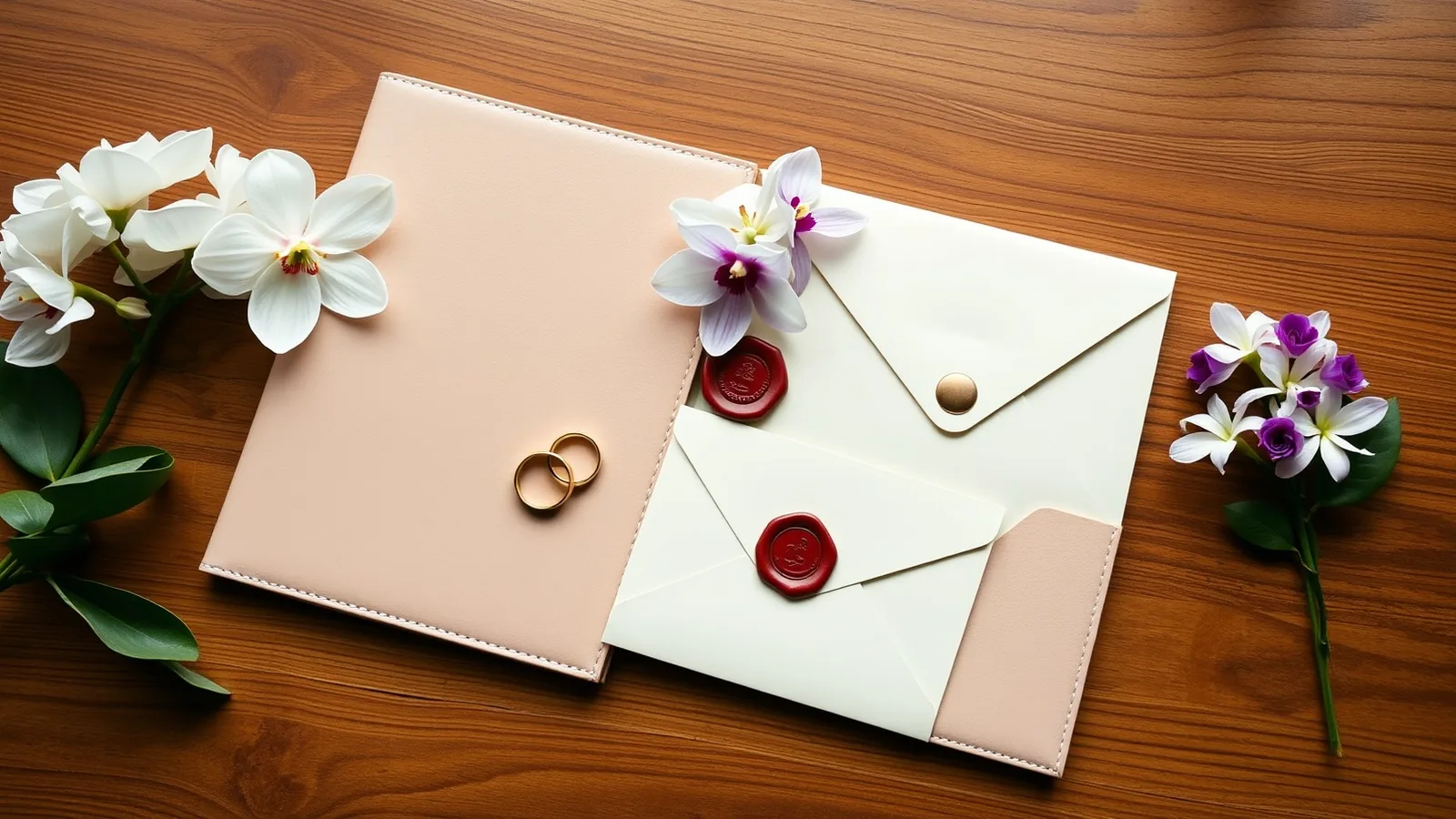 Leather document folders, gold wedding rings and a wax-sealed envelope with Thai orchids on a teak table