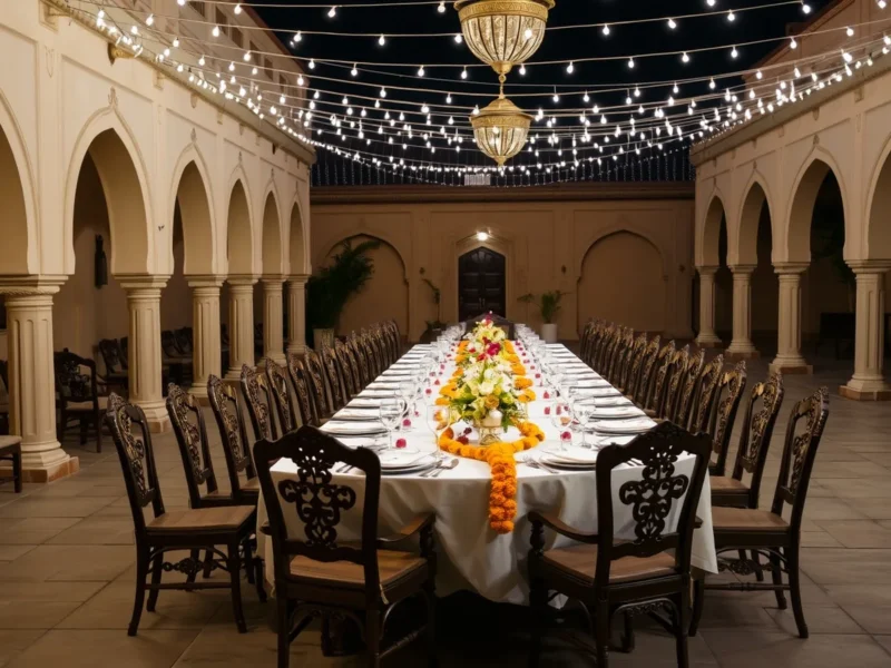 Long dinner table in a heritage haveli courtyard at night with carved chairs, marigold runners and fairy lights