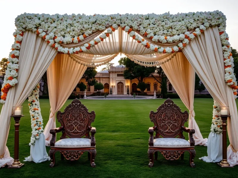 Wedding mandap on a palace lawn at golden hour with two carved chairs side by side under an ivory and blush canopy