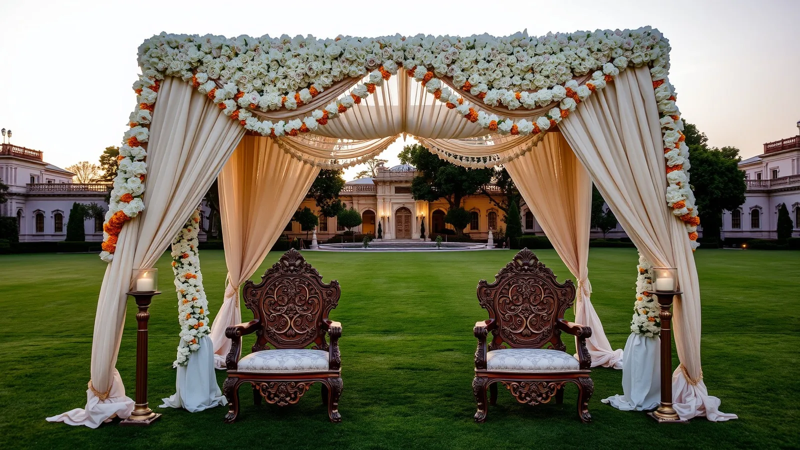 Wedding mandap on a palace lawn at golden hour with two carved chairs side by side under an ivory and blush canopy