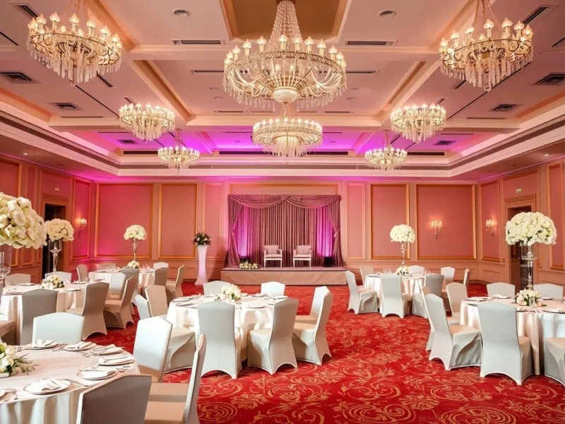 Empty heritage banquet hall set for a wedding reception with white florals, chandeliers and two armchairs on stage