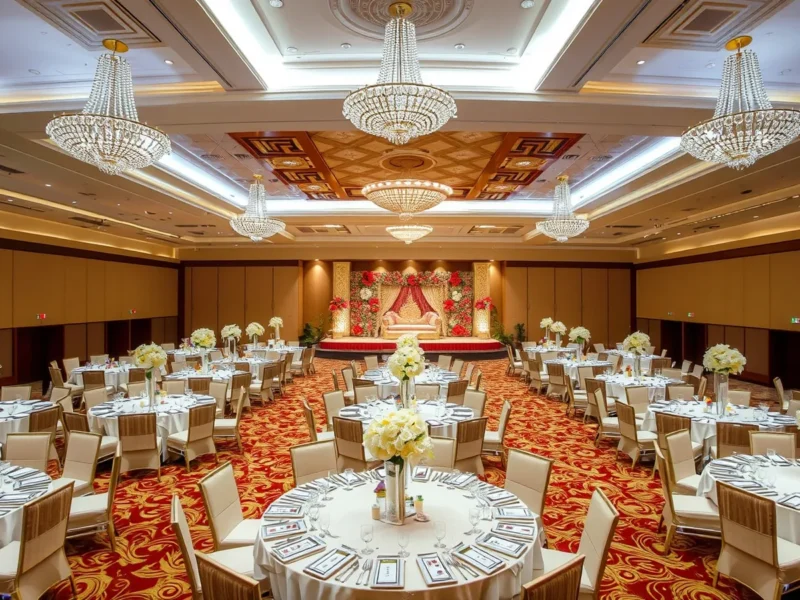 Large hotel ballroom in Pattaya set for an Indian wedding reception with white florals and a decorated stage
